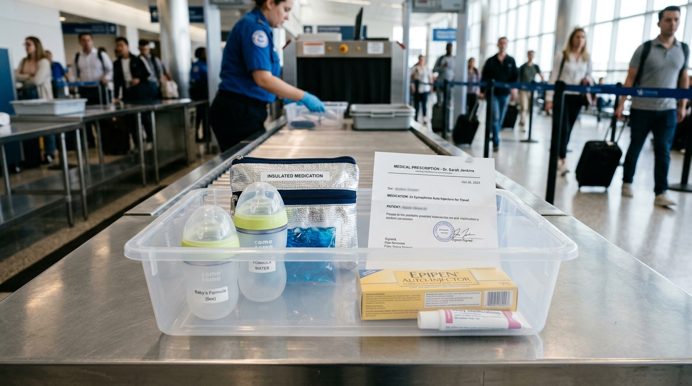 Airport checkpoint inspection tray with medically necessary travel supplies and formula