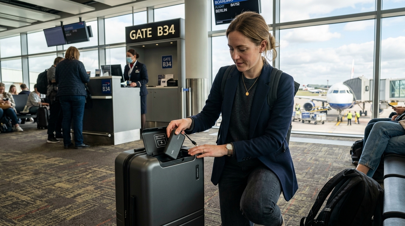 Passenger removing lithium battery pack from smart carry-on luggage at boarding gate