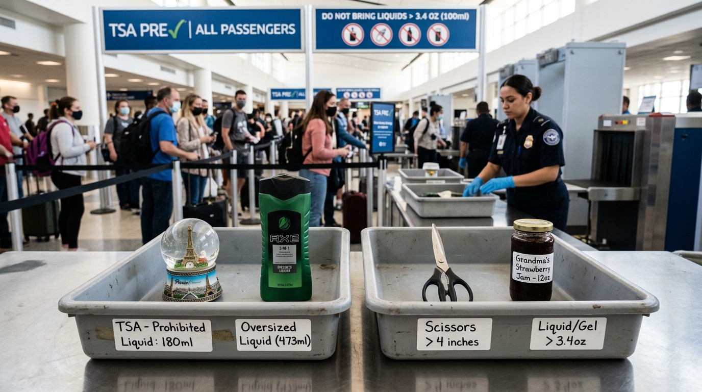 Airport checkpoint inspection trays with confiscated everyday items