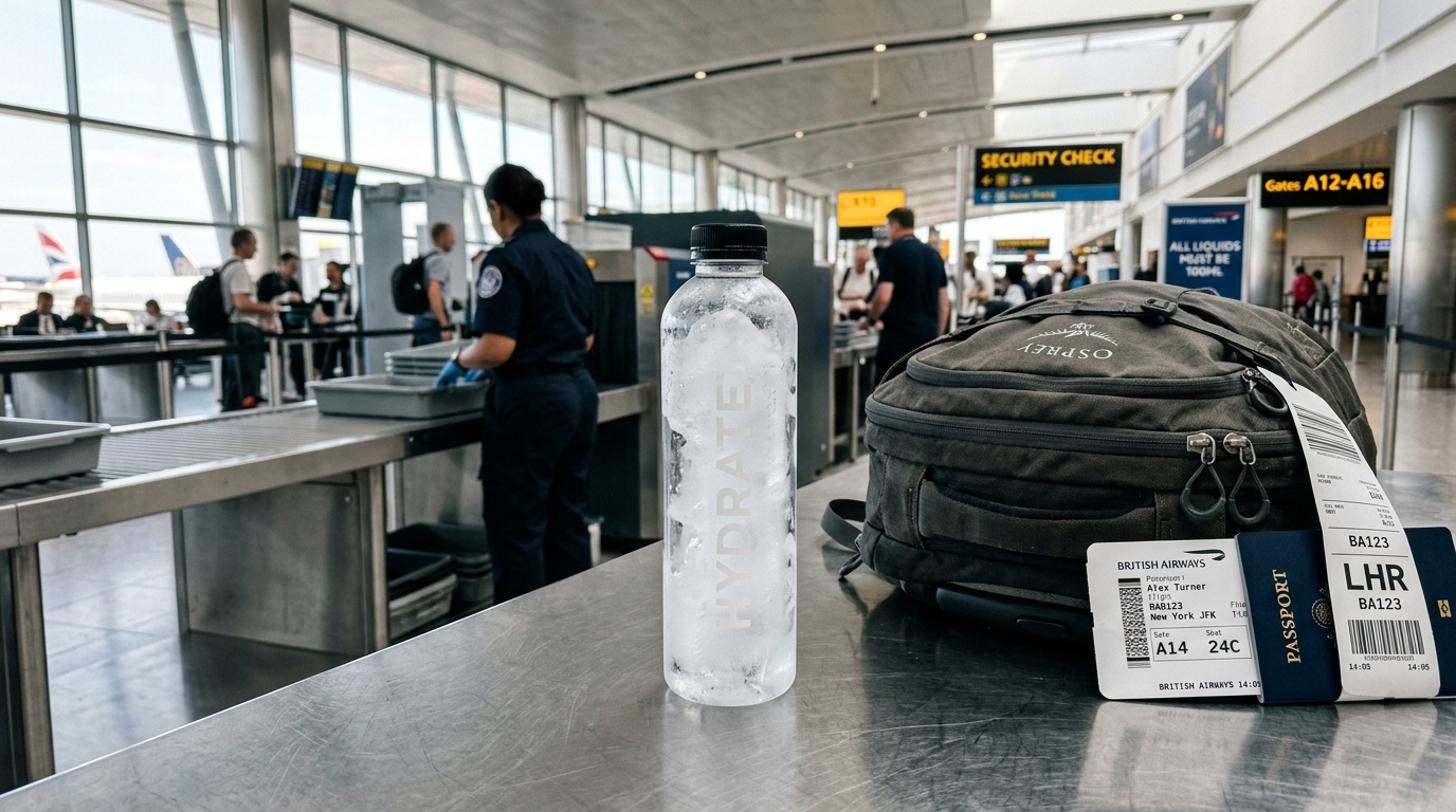 Frozen solid water bottle on airport security scanner tray