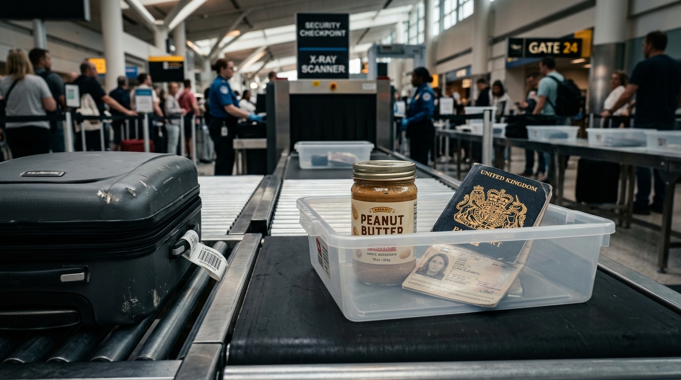 Peanut butter jar in TSA security bin at airport checkpoint